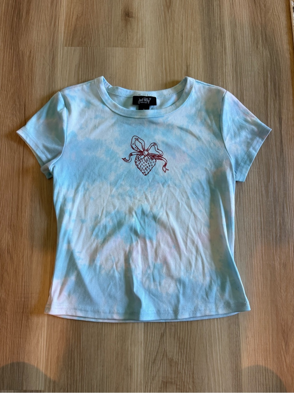 Tie-Dye Short Sleeve Top with Strawberry Graphic - Light Blue